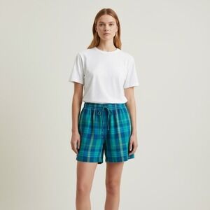 Vintage Plaid Linen Blend Summer Shorts Women's Medium Blue Green Pull On Preppy